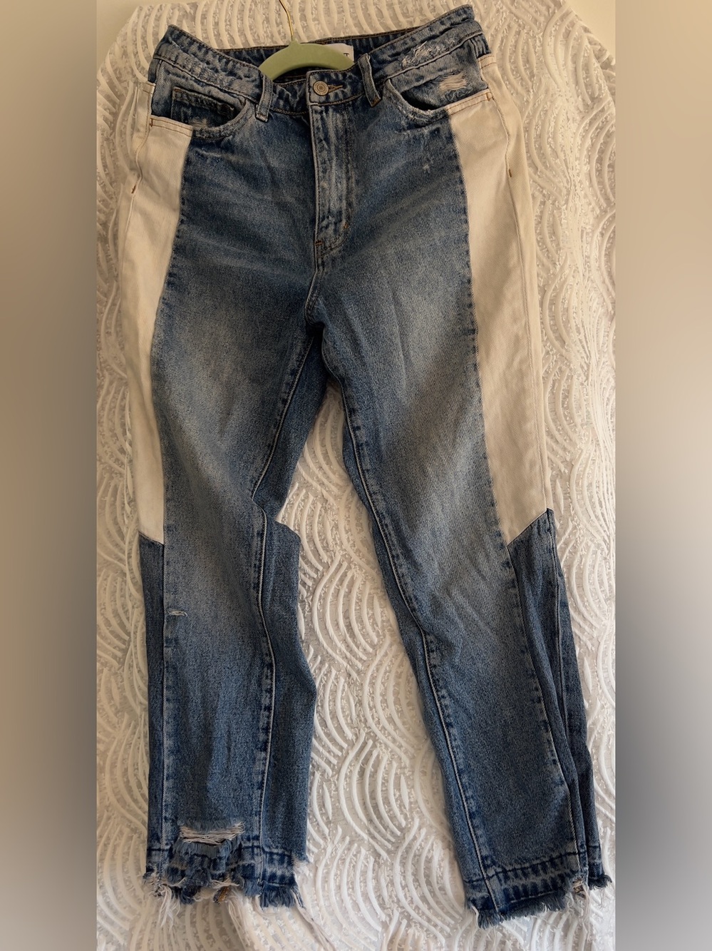 High-Waist Distressed Blue Denim Jeans with White Side Panels